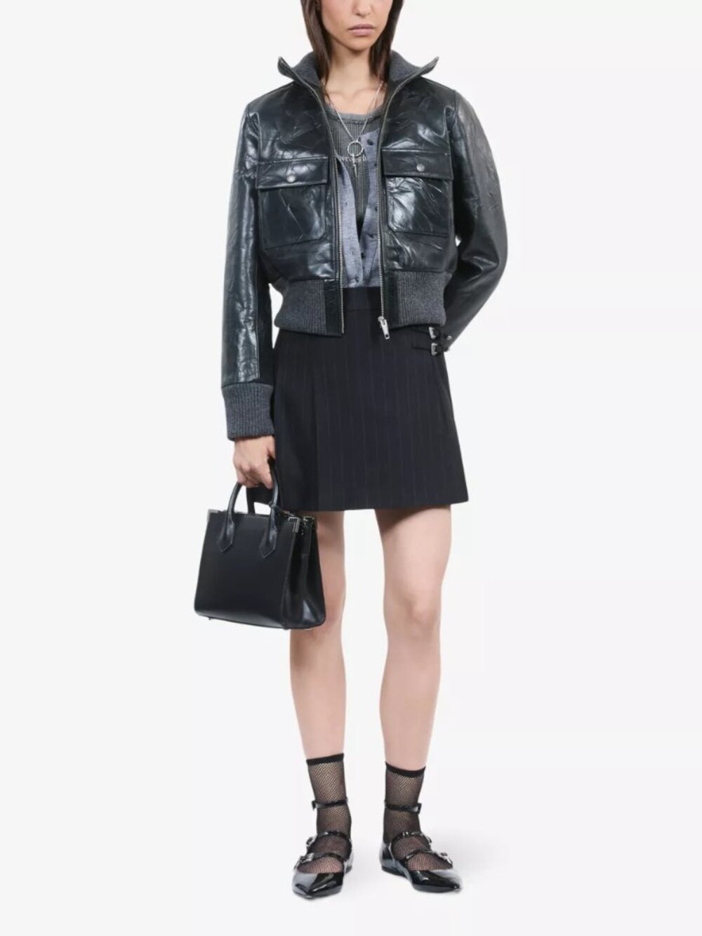 Grey Leather Bomber Jacket with Knit Collar